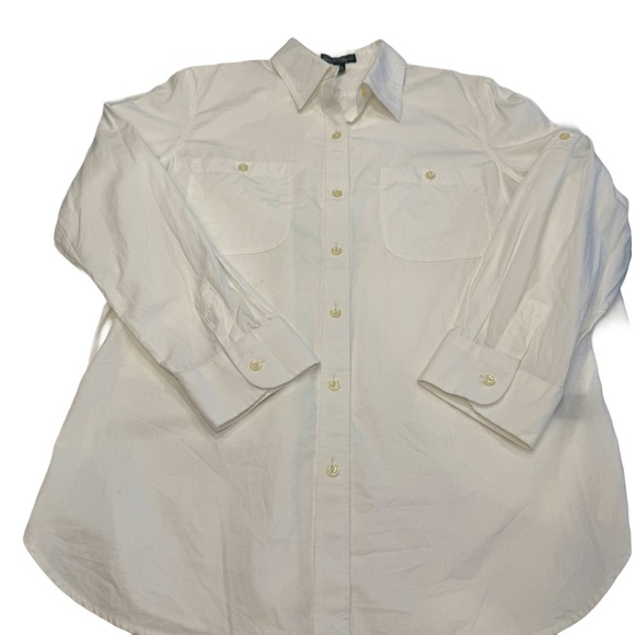 Lauren Ralph Lauren Womens Button Down Shirt White Pockets Roll Tab Sleeve Sz M - Picture 2 of 10